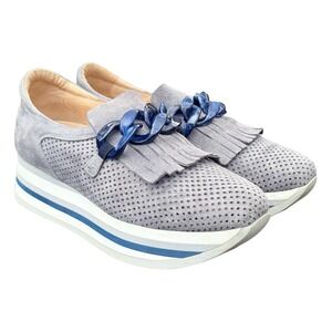 Softwaves Cadie Slip-On Shoes Gray Perforated Suede Fringe Chain Platform 38/7.5